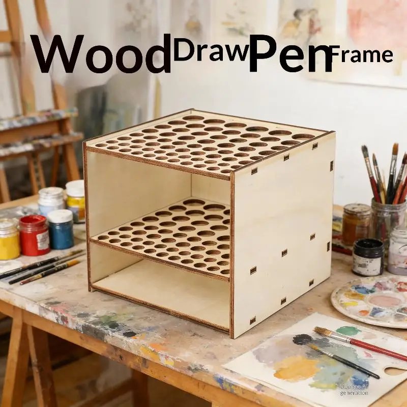 1 Set 67-Slot Premium Double-layer Durable Artist Desk Organizer Wooden Brush Holder Pencil Paint Brushes Storage Art Craft