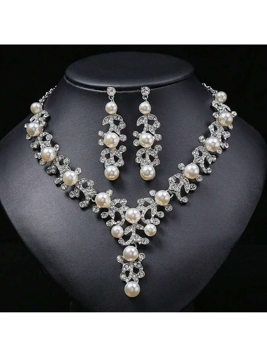 

3pcs Pearl And Rhinestone Jewelry Set Necklace Earrings For Women Wedding Party
