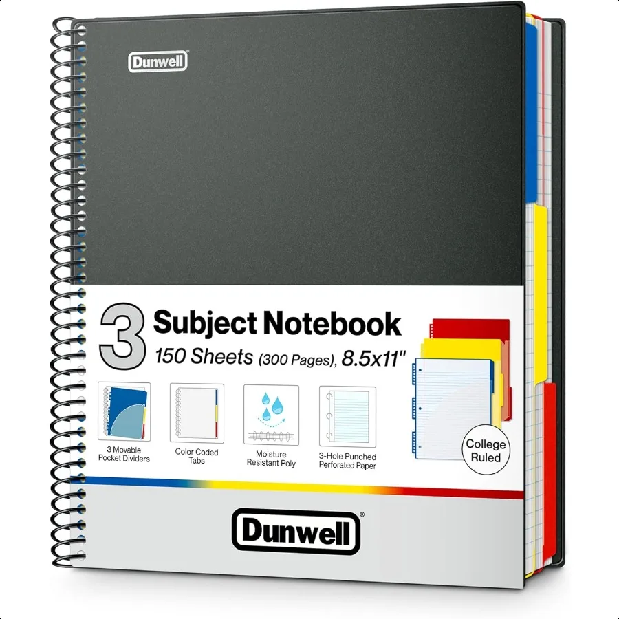 Quaderno a 3 soggetti College a righe 8,5 x 11 Nero 150 fogli (300 pagine) Quaderno a spirale 8,5x11 con linguette Divisori mobili Conservazione