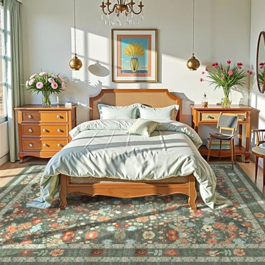 

Green Boho Floral Rug 7x9 Vintage Boho Washable NonSlip Living Room Carpet Soft Low Pile Thin Bedroom Floor Mat Indoor for Dini