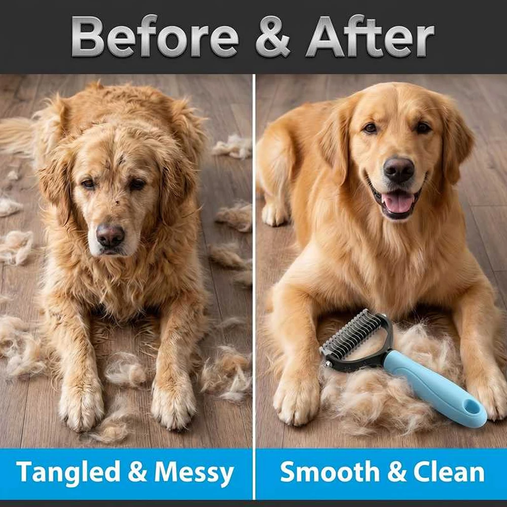 Pet double-sided comb stainless steel double row teeth for undercoat non-slip soft handle grooming tool used for detangling and