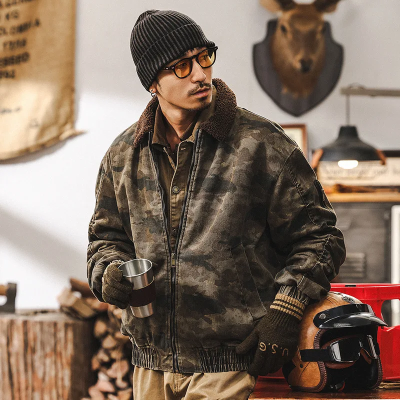 

Men's Winter American Retro Heavy Lamb WWool Jacket Thickened Cotton-Padded Jacket Outdoor Camouflage Tooling Jacket Padded