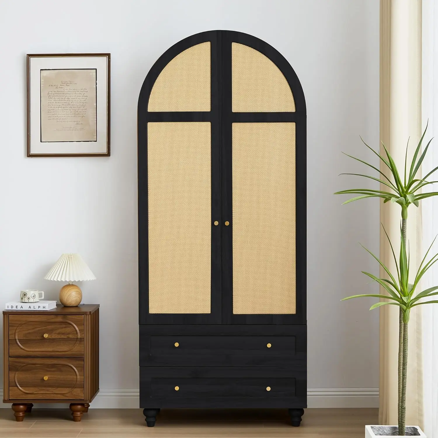 

Armoire Wardrobe Closet with 2 Arched Rattan Doors, Wooden Wardrobe Closet with 2 Drawers, Bedroom Armoires with Hanging Rod