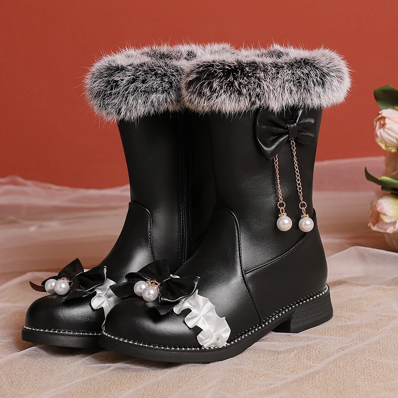 Gratis Schip 2023 Winter Sweet Style Strikken Bont Mid-Calf Laarzen Dames Parels Ketting Lage Hak Rits Meisjes Botas Party Schoenen Voor Vrouwen