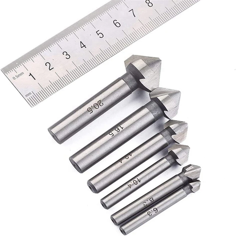 Promotion! 6Pcs Round Shank 3 Flute 90 Degree HSS Chamfer Chamfering Cutter End Mill Tool Countersink Drill Bit Set