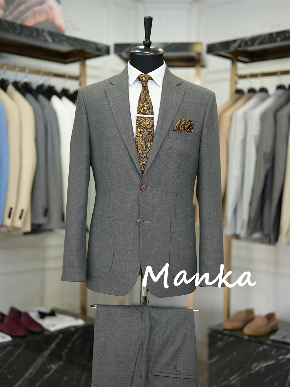 Traje clásico de estilo italiano para hombre, traje ajustado con bolsillos en el bolso, ropa de novio, trajes formales de fiesta de negocios, gris