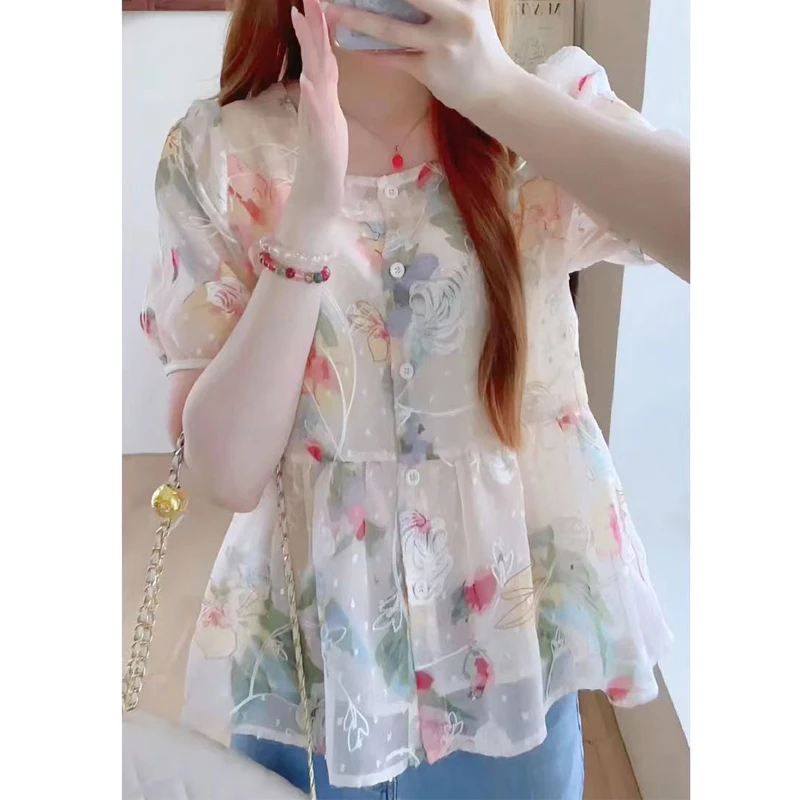 2024 Summer Women Fashion Floral Print Shirts Square Collar Sweet Chic Blouses Casual Short Sleeve Loose Tops Camisas De Mujer