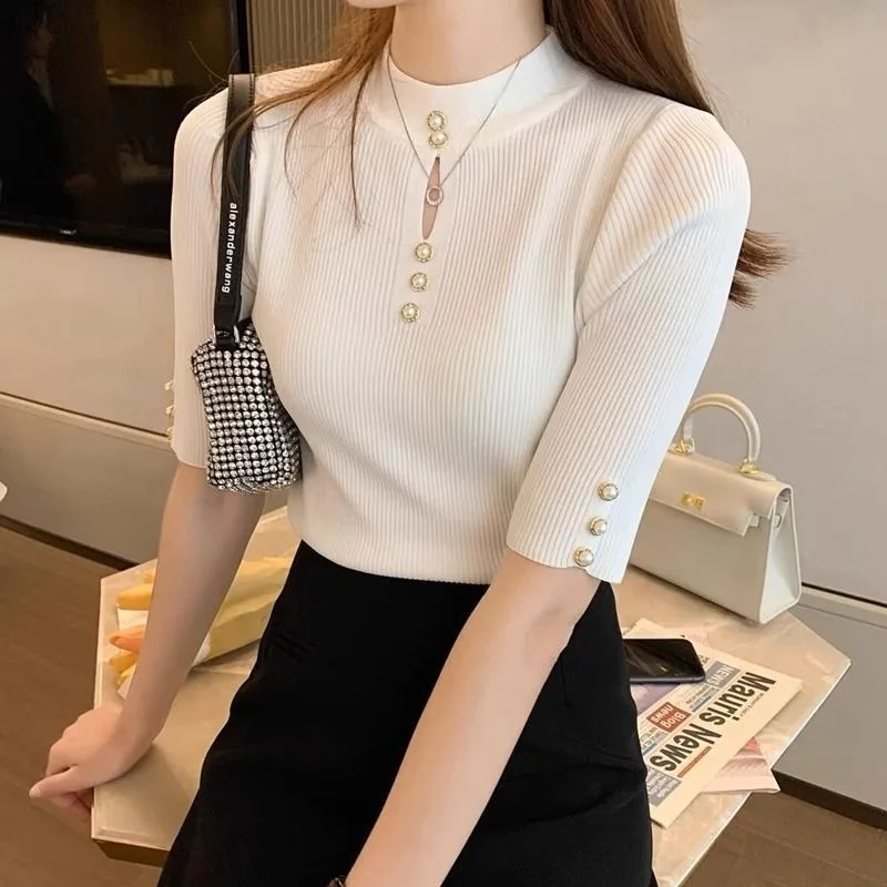 

Blouse Knitwear Women's Spring/Summer Elegant Half-high Neck Openwork Short Sleeves Stylish Slim-fit New Comfortable Minimalist