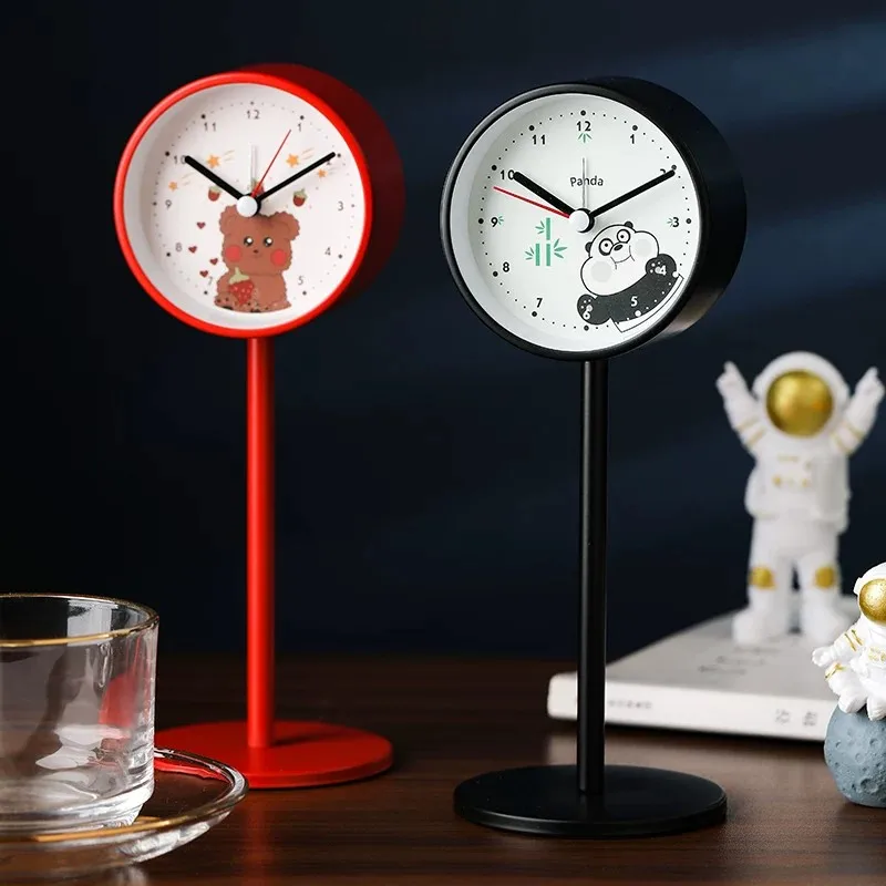 Cute Panda / Bear Children's Alarm Clock - Silent&Non-Ticking Table Clock, Red/Black - Night Light Metal Desk Clock