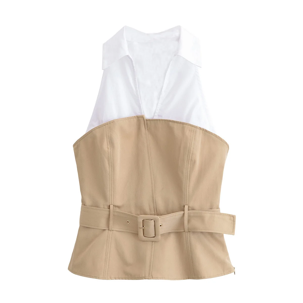 Dames contrasterende haltertop met riem Lentemode V-hals damesvest met zijrits Mouwloze vrouwelijke tanktops