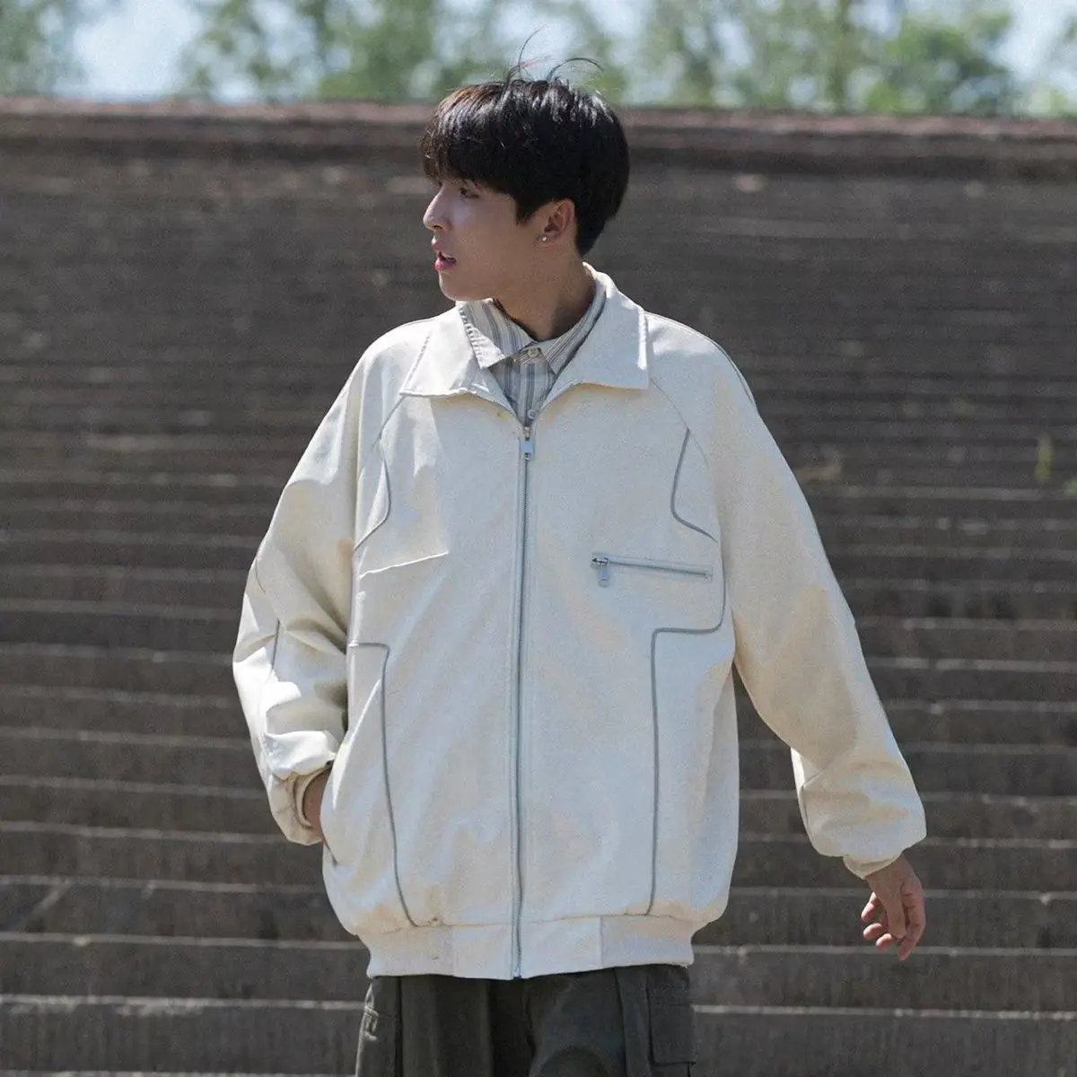 

Spring 2023 American Trendy Brand Color PU Leather Jaet Loose Fit ex Retro Streetwear Versatile Leather Coat