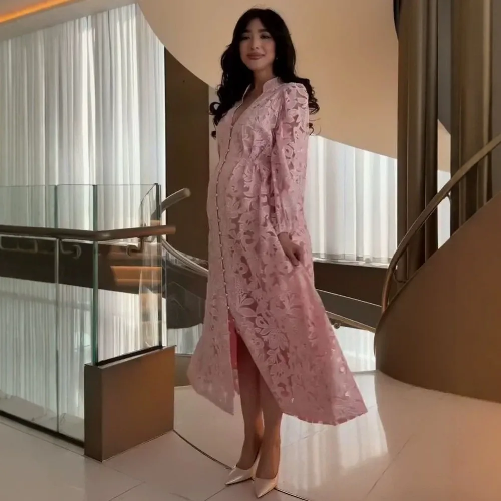 

Spring Summer Women V Neck Lace Dress Dresses Elegant Long Dress Vintage Floral Party Midi Dress