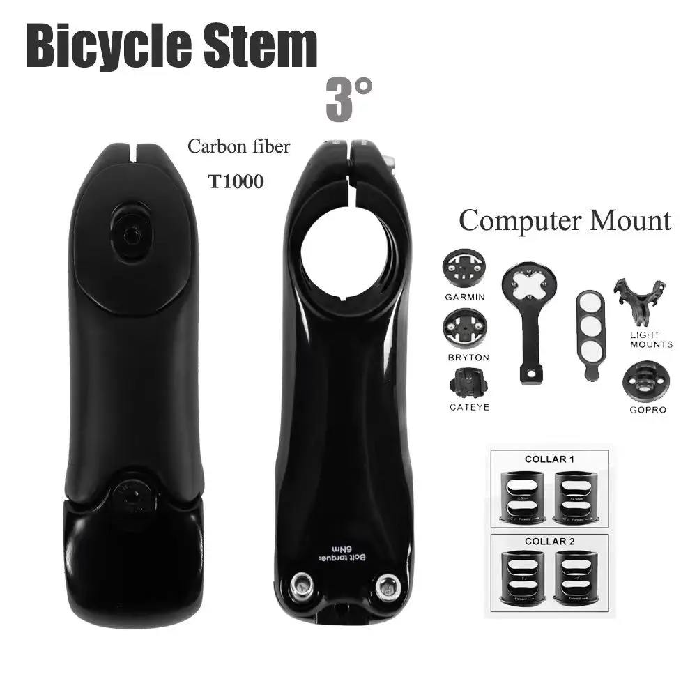 Bicycle Stem 3 Degrees Aero Stem T1000 Carbon Fiber MTB/Road Bike Carbon Stem Includes Computer Computer Mounts Adapters