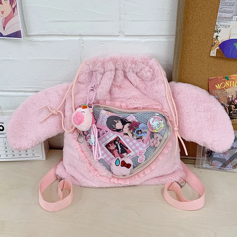 Ita Bag, Rucksack mit Klarsichtfenster, Damenmode-Plüsch-Umhängetasche mit Kordelzug, Leichte Schultasche mit großer Kapazität – Detail 20