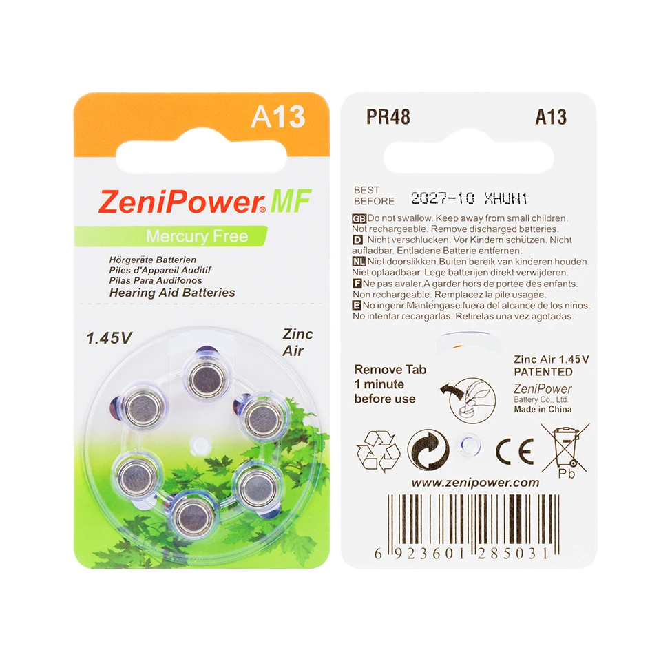 60pcs/Box Hearing Aid Battery A13 13A 13 P13 PR48 Zenipower Zinc Air Batteries