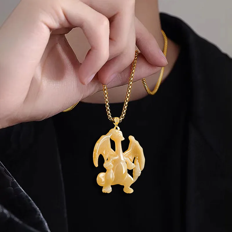 

Natural Burmese A-grade Yellow Jadeite Carving Cartoon Fire Dinosaur Pendant Ice Jade Necklace Cartoon Style Souvenir Gift