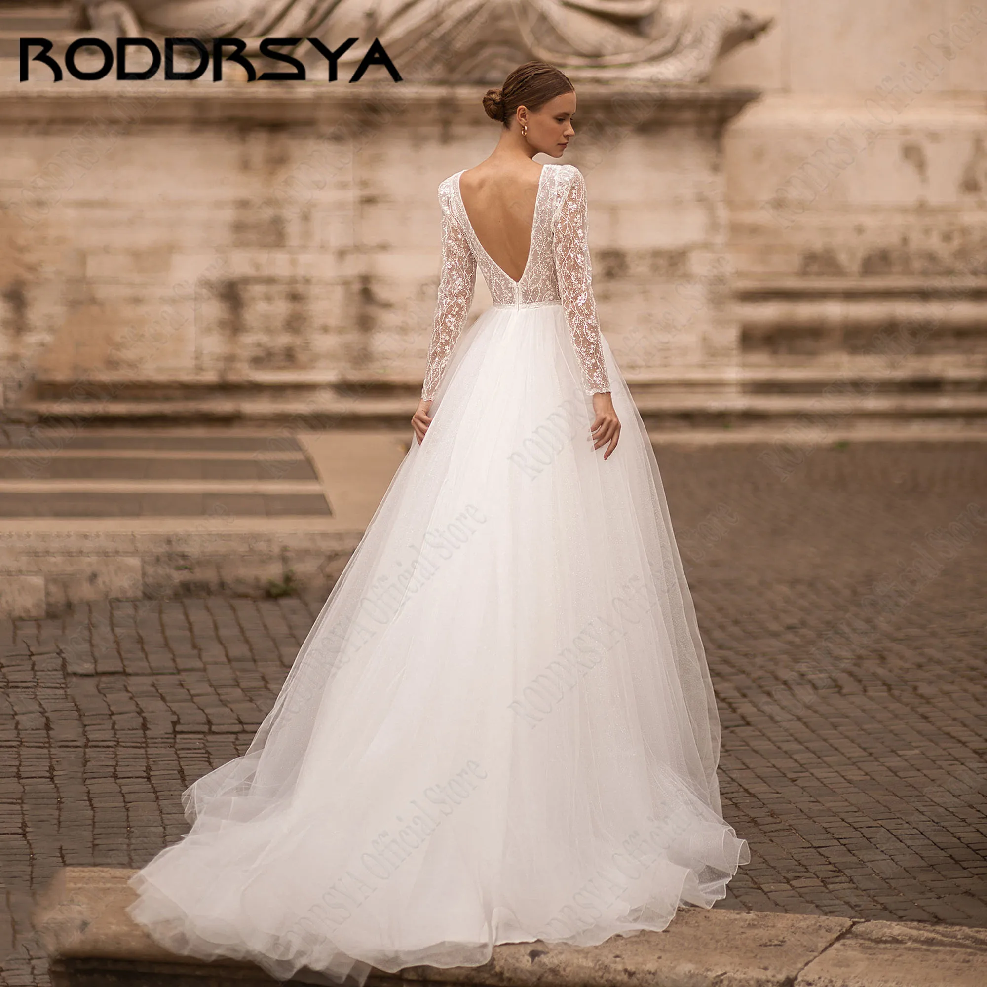 RODDRSYA-vestido de novia de manga larga con Espalda descubierta, traje de boda de lujo con cuello redondo y apliques, personalizado, 2025Roddrsya vestido de novia de manga larga sin espalda 2025 nupcial lujoso vestido