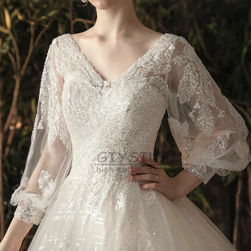 GIYSILE Aangepaste Bruids Belangrijkste Trouwjurken Luxe 2025, Nieuwe Staart Kant Lange Mouw V-hals Grote Maat Trouwjurk Vestidos