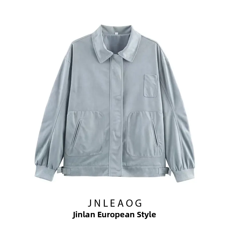 Faionable Cappotto ort in pelle scamosciata allentata con risvolto in puro colore retrò per donna Autunno New Sle JNLEAOG Poliestere lungo con cerniera