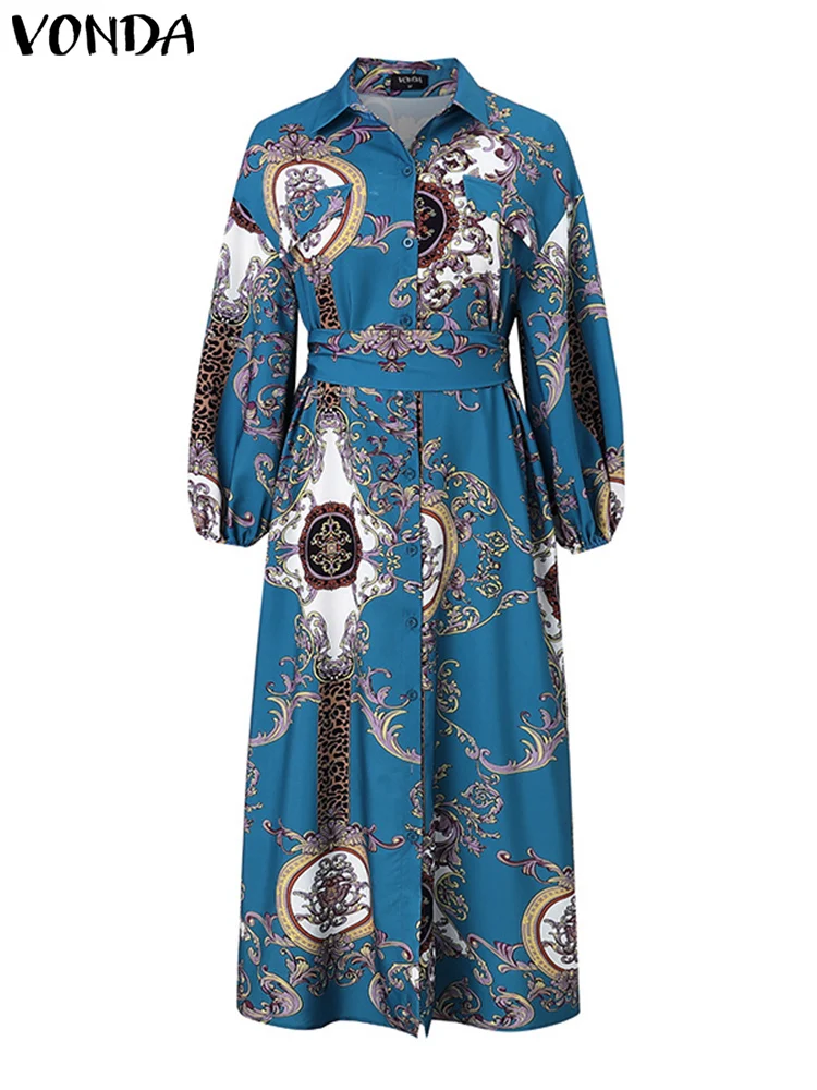 

2025 Autumn Maxi Long Dresses Women Sundress Vintage Printed Party Vestidos Turn-down Collar Casual Robe Plus Size 5XL VONDA