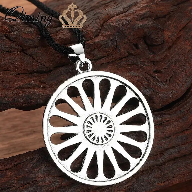 QIMING Ashoka Romani Chakra Wheel pendant Necklace for men viking jewelry gypsy Indian Roma people vintage necklace