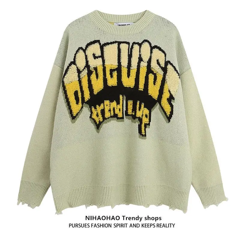 Goth Alphabet Jacquard Sweater Women High Street Harajuku Vintage Hip Hop Sweaters Pullover Loose Long Sleeve Ripped Clothes Top