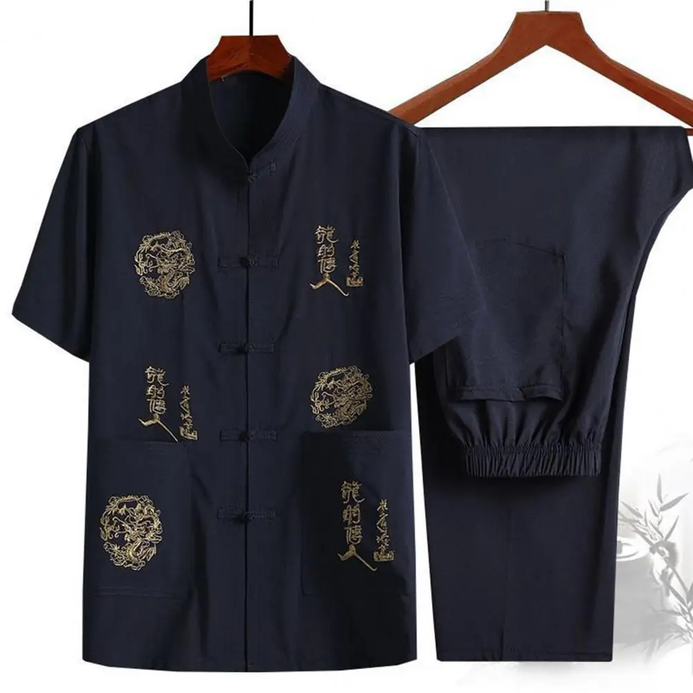 Chinese-style Suit Retro Chinese Tang Suit Set for Mid-aged Men Stand Collar Shirt Embroidered Top Wide Leg Pants Short-sleeved