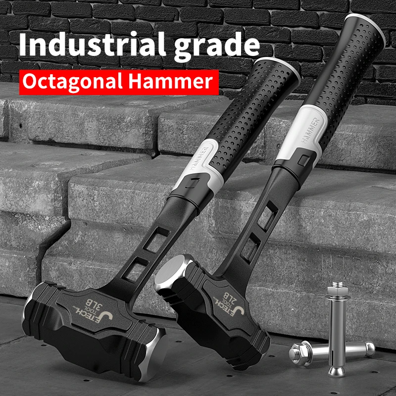 1 industrial octagonal hammer, 2/3/4 pounds, non-slip handle hammer, high carbon steel integrated hammer, professional masonry s