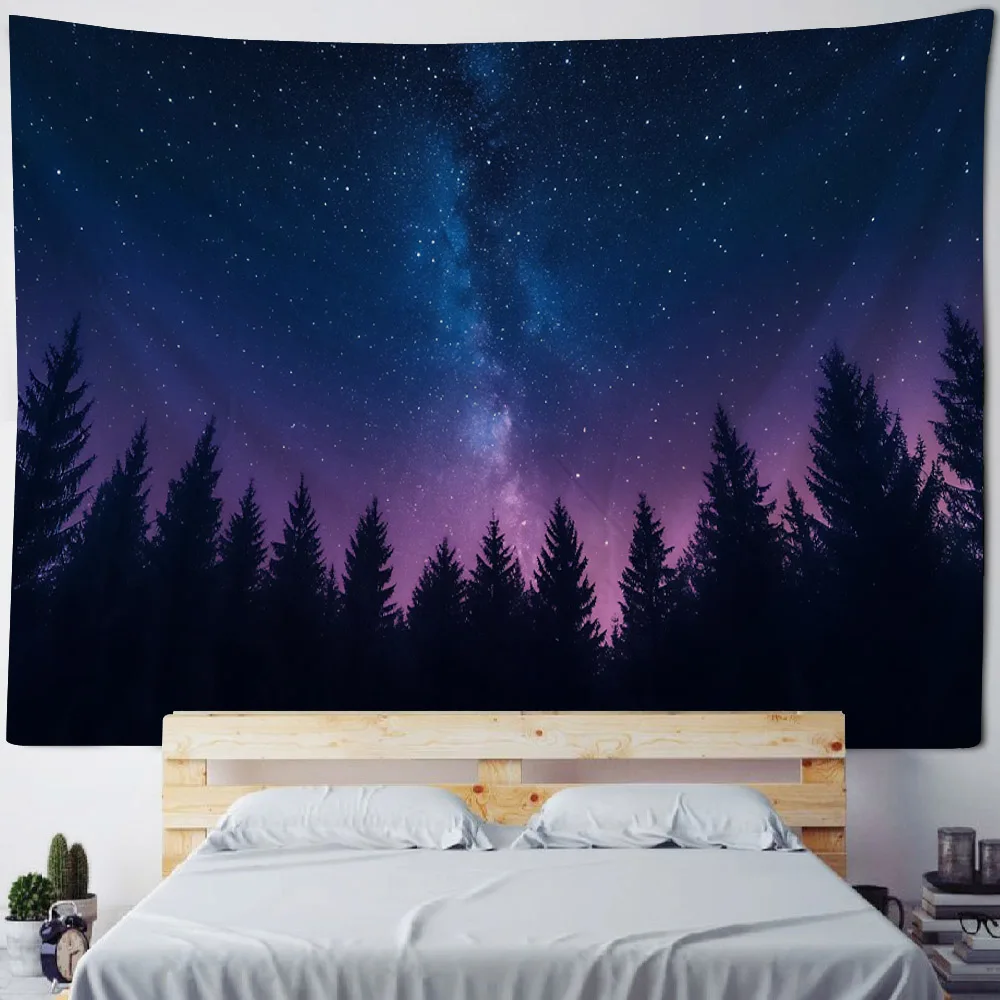 Forest night view tapestry, moon, starry sky, home wall hanging cloth, Bohemia, fantasy, living room, bedroom, wall decoration