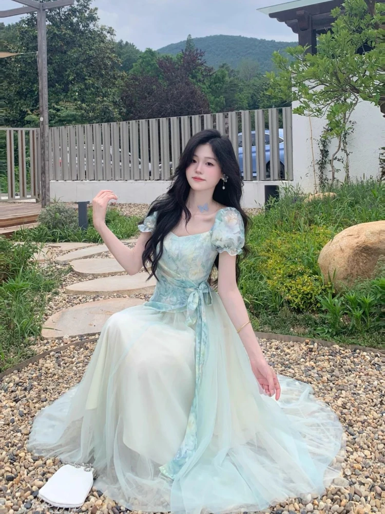 الصيف الحلو فستان أنيق المرأة شيك نفخة الأكمام الأزهار طباعة شبكة المرقعة فساتين الجنية الكورية الإناث عطلة فستان الحفلات