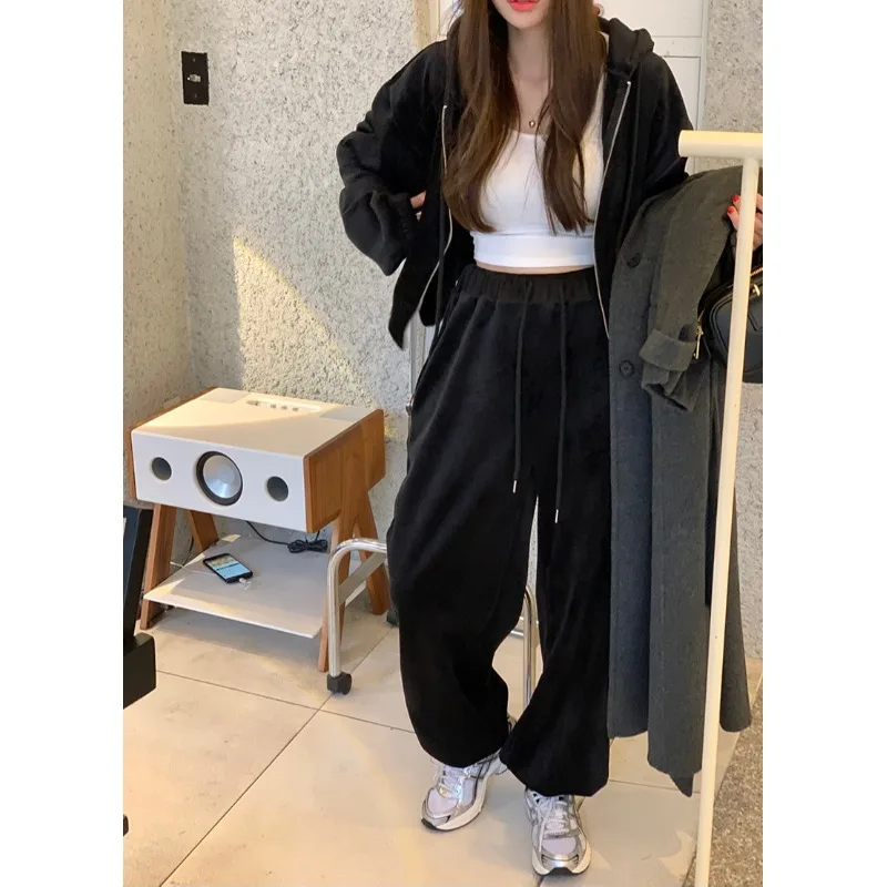 

Корейский шикарный полосатый свободный женский топ с капюшоном и широкие брюки с эластичной резинкой на талии, комплект из двух предметов, зимняя мода