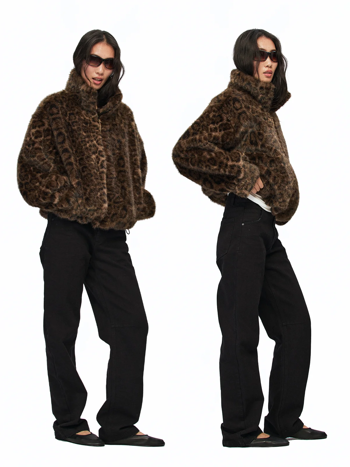 

Eco-Friendly Imitation Mink Fur Jacket Loose Shoulder Drop Shoulder Collar Stand Windproof Leopard Print Fur Coat for Women