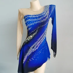 Robe de Patinage Artistique sur Glace à Manches Longues pour Femme et Fille, Jupe de Compétition, de Qualité, avec Cristaux, pour Enfant