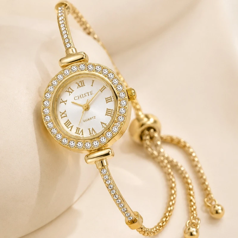 Luxury Women Gold Bracelet Watch Luxury Rhinestone Quartz Wristwatch Adjustable Chain Elegant Dress Ladies Jewelry Watch Gift