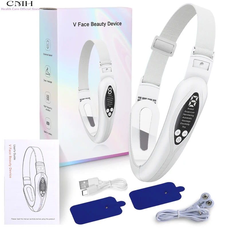 جهاز تجميل الوجه على شكل حرف V 7 أوضاع تدليك الوجه متعدد العلاج بالضوء ورقة موصلة محمولة لتجديد شباب البشرة وشد الوجه والتخسيس