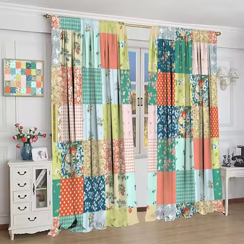 Colorful Floral Patchwork Curtain,Artistic Flowers Square Grid Design Retro Farmhouse Printed Rod Pocket Window Treatments for