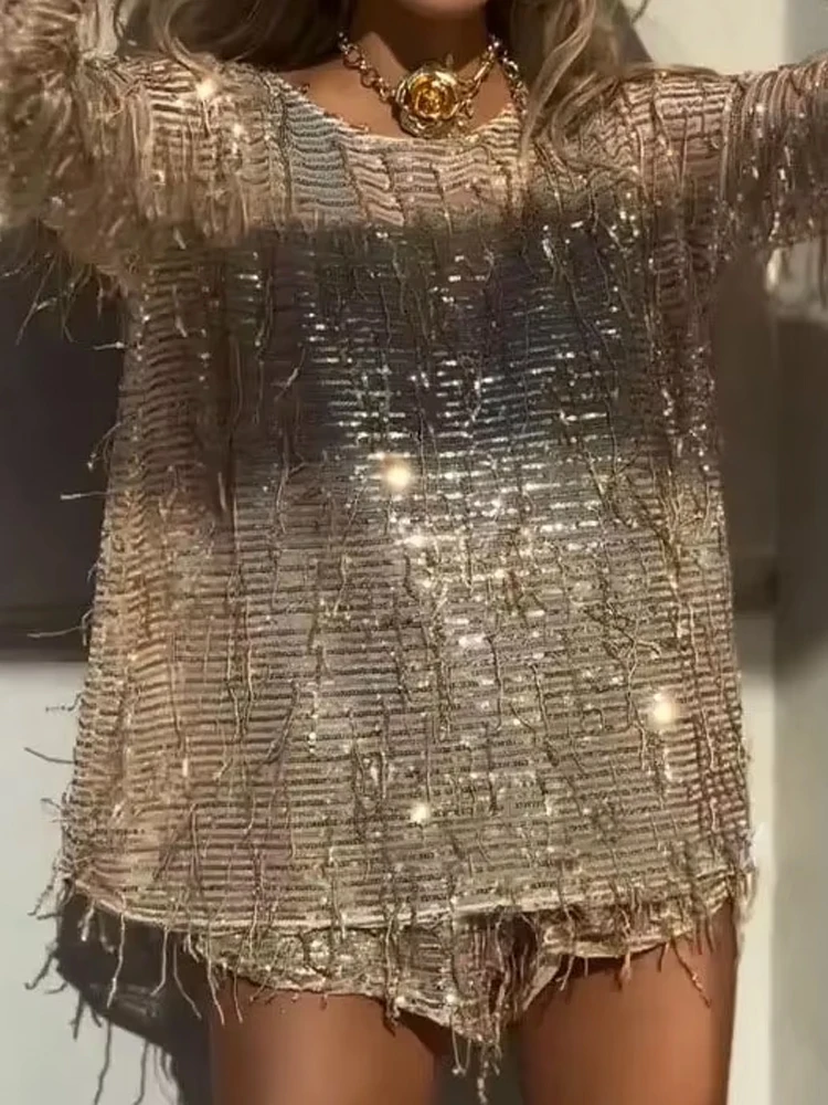 

Fashion Tassels Loose Party Women Suit Elegant Sparkling Sequins Solid 2 Piece Sets Causal O-neck Top with Short Pant Outfits