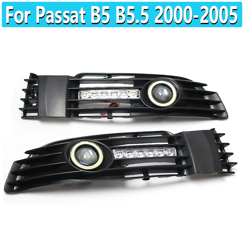 1 Pair Angel Eye Daytime Running Light Car Front Fog Lights Grille With LED Light Lamp For Passat B5 B5.5 2000-2005