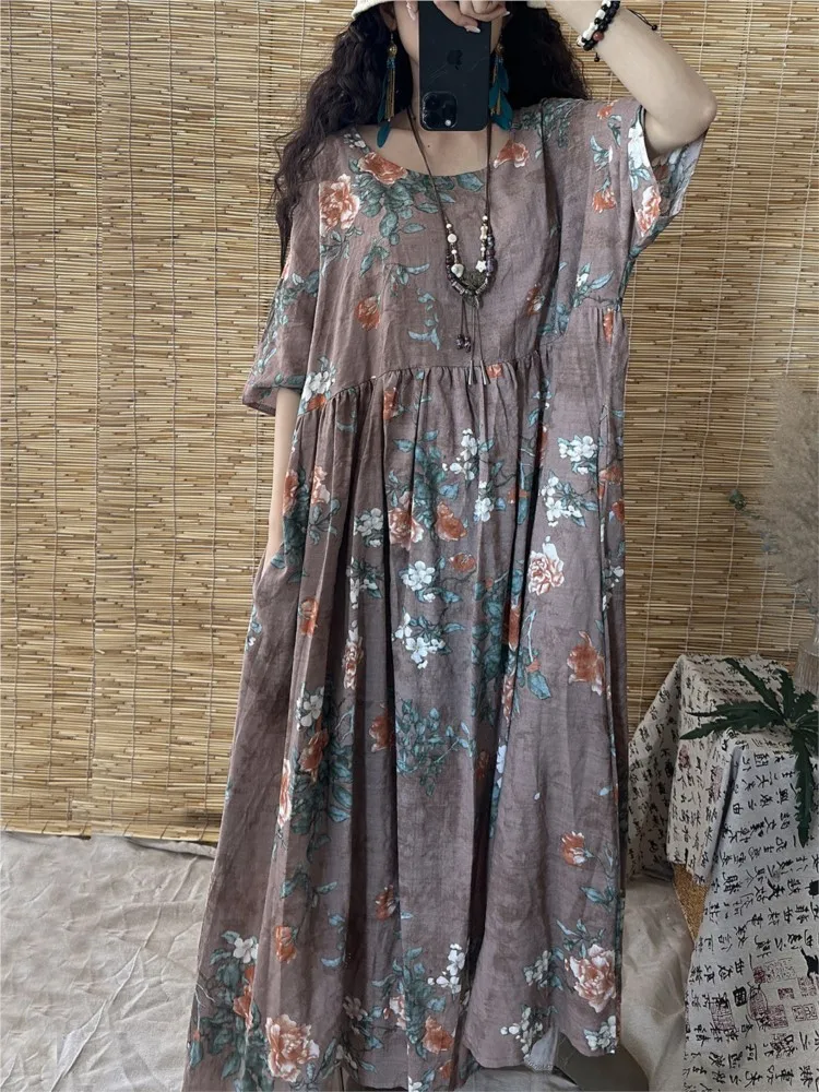 فستان صيفي كبير الحجم مطبوع عليه زهور فستان نسائي فضفاض مكشكش فساتين نسائية غير رسمية فستان طويل على شكل حرف a