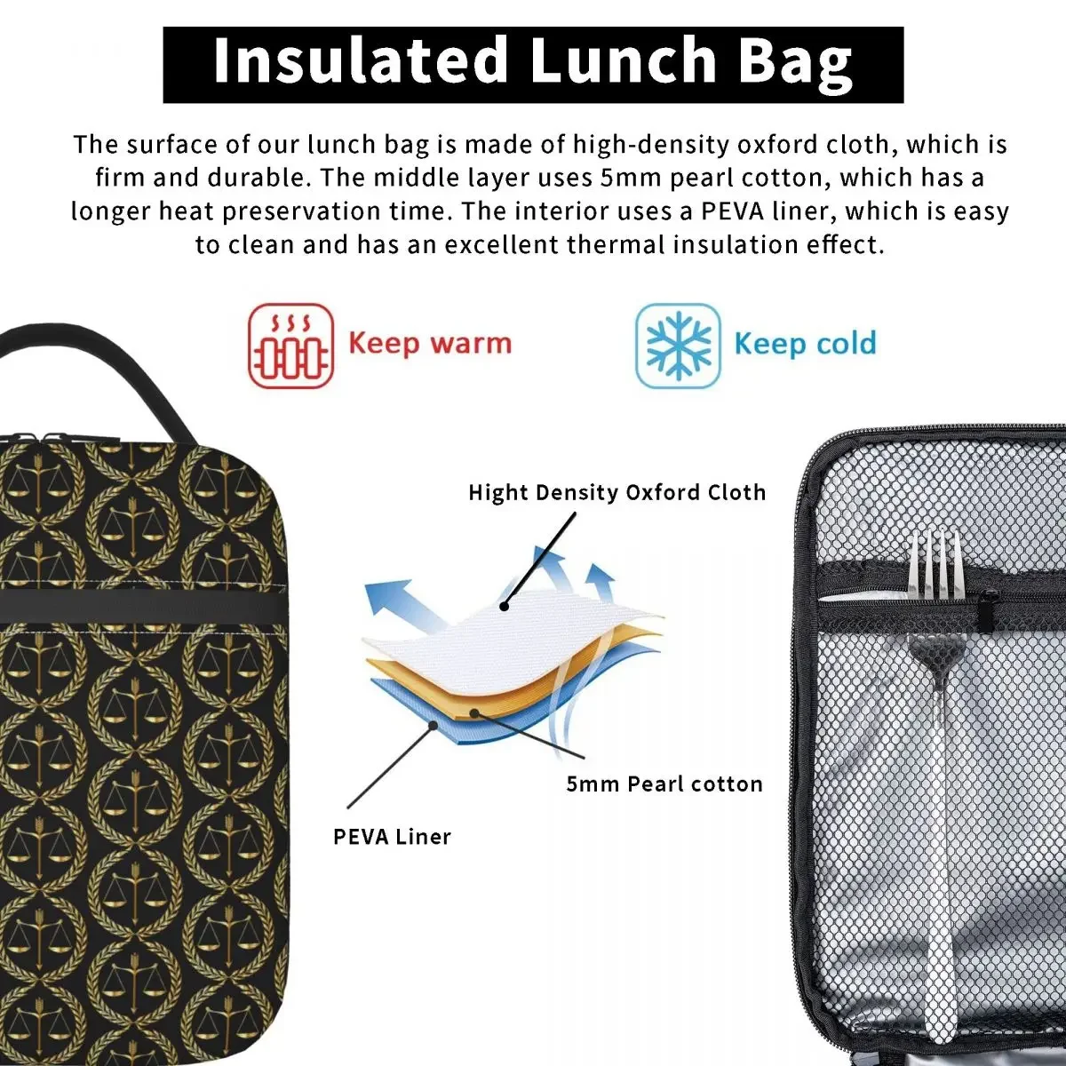 Gold Scales Of Justice Law Logo Lawyer Legal Party Insulated Lunch Bag Children Leakproof Food Boxes Thermal Lunch Box Tote