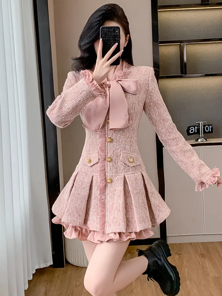 Light Luxury Small Fragrant V-neck Bow Tassel Tweed Dresses For Women French Gold Buckle Splicing Fake Two-piece Slim Fit Skirts