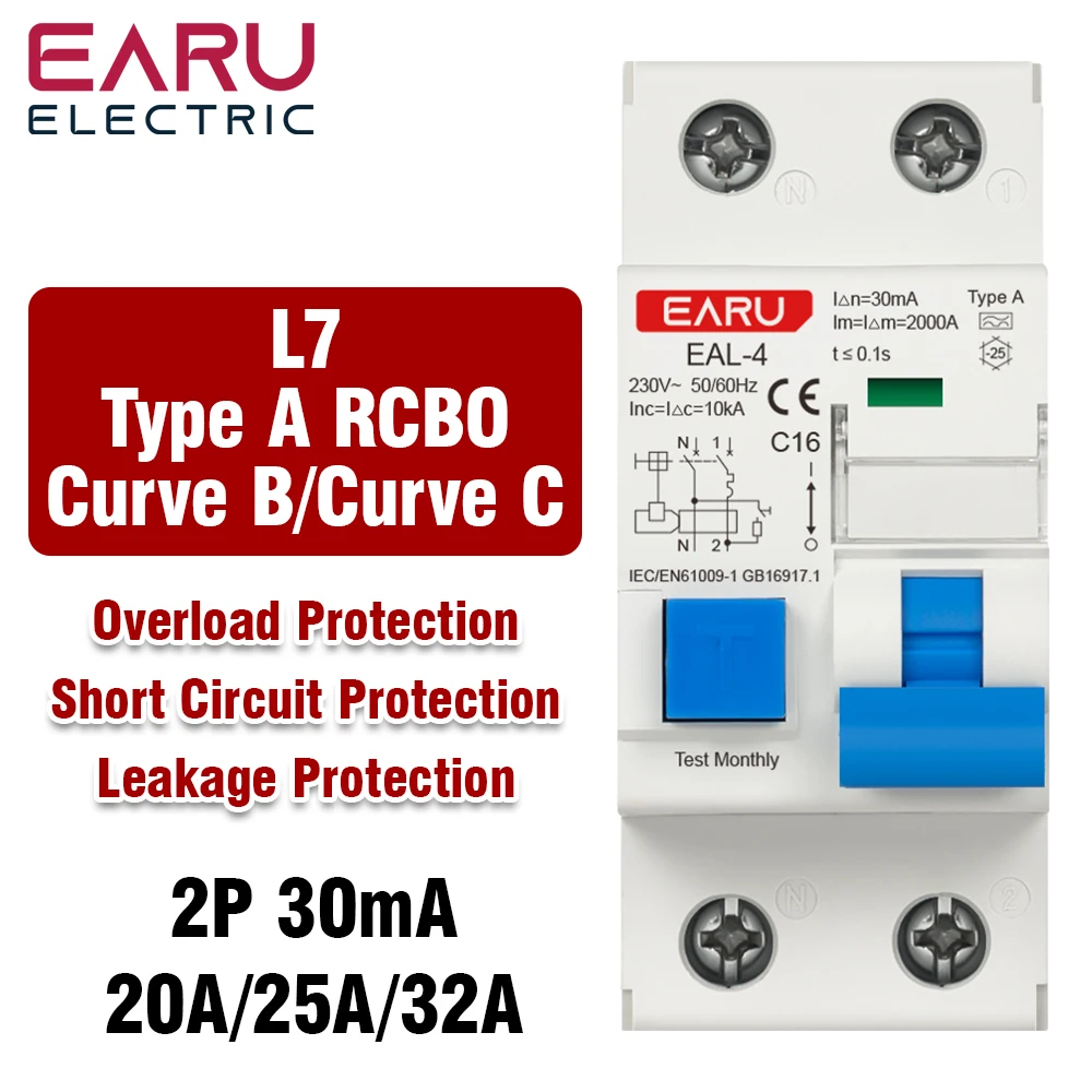 

2P L7-Architecture Type A RCBO 30mA Leakage Protection Curve B/C Tripping Characteristics 220V AC 50/60Hz Circuit Breaker MCB
