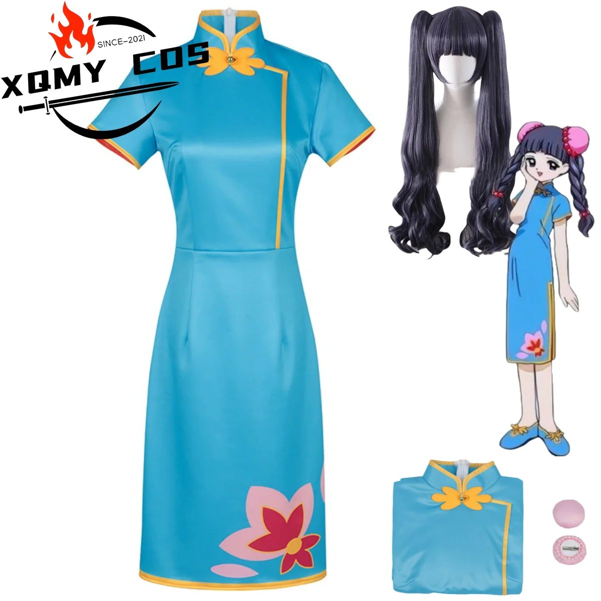 

XqAnime Cardcaptor Sakura Daidouji Tomoyo Косплей Костюм Китайский Стиль Синее Платье Cheongsam Qipao Парик Женский Милый Костюм Для Вечеринки