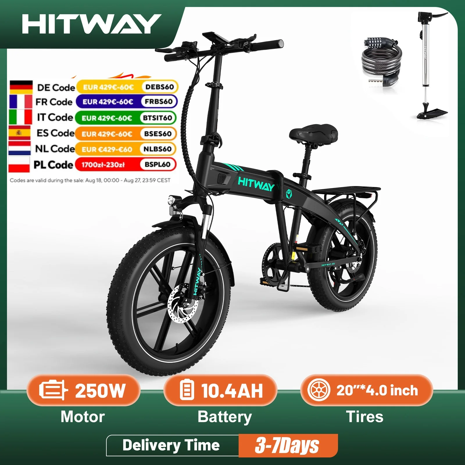 HITWAY 20*4.0 bici elettrica, batteria 48V 10.4Ah fino a 50-100KM, 250W Motor Fat Tire E Bike, biciclette elettriche pieghevoli