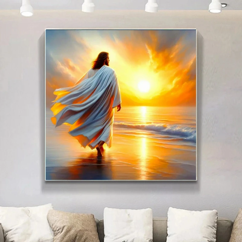 Sonnenuntergang 5D Diamantmalerei Jesus-Porträt Strass-Stickerei Kreuzstich Volles Rundes Diamant-Mosaik Küstendekoration für Zuhause