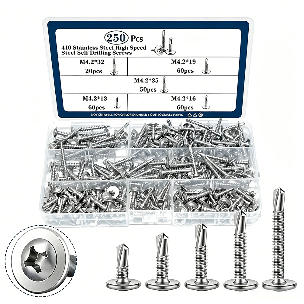 210/250PCS 410 Stainless Steel Self Drilling Screws M4.2 Truss Head Sheet Metal Screw for Metals Assortment Kits