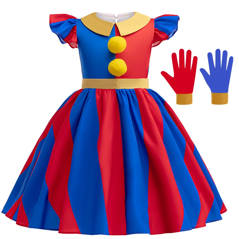 

Girls Clown Cosplay Outfit, Red and Blue Striped Puff Sleeve Dress with Gloves for Kids Party Halloween Fancy Dress
