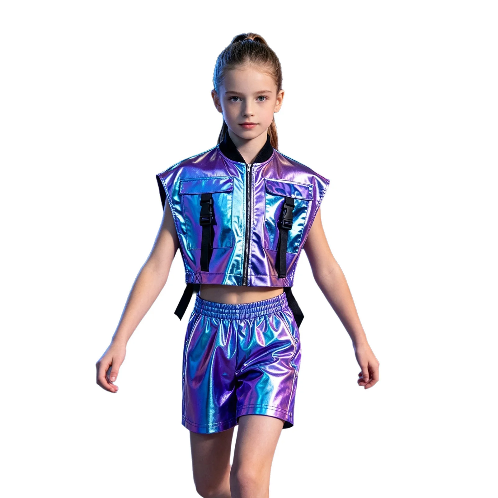 Kinder Mädchen Hip-Hop Jazz-Tanz-Outfit Aufführungskostüm mit seitlich geöffneter Metallweste mit Reißverschluss und seitlichen Druckknöpfen sowie glänzenden Shorts – Detail 28