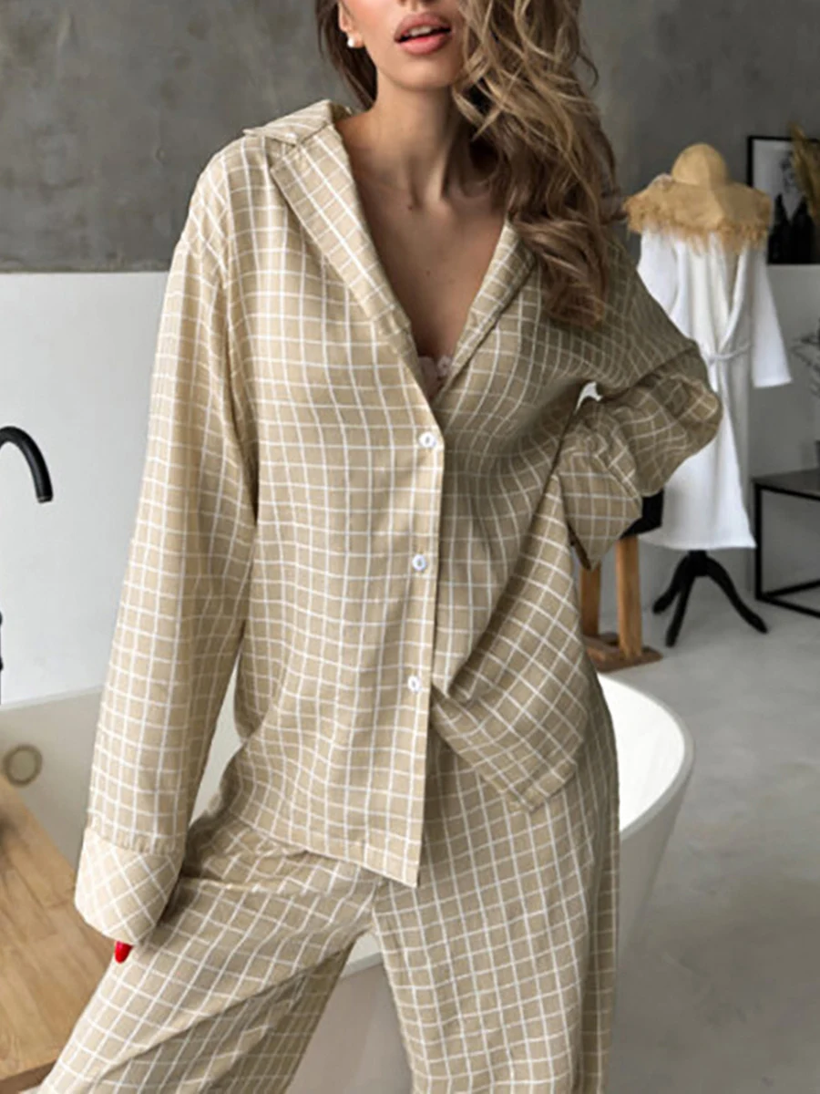 Ensemble pyjama à carreaux pour femmes, col à revers, manches longues, pantalon boutonné à taille élastique en Y avec paquets, tenue de détente 2 pièces