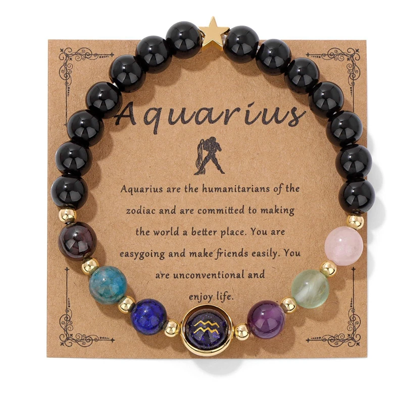 Natural Obsidian Stone Cancer Leo Bracelet 12 Zodiac Signs Constellation Beaded Bracelet Men Women Handmade Card Jewelry Gifts